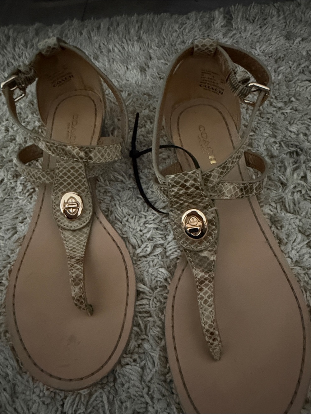 Coach Beige Snake-Print T-Strap Sandals with Gold Hardware